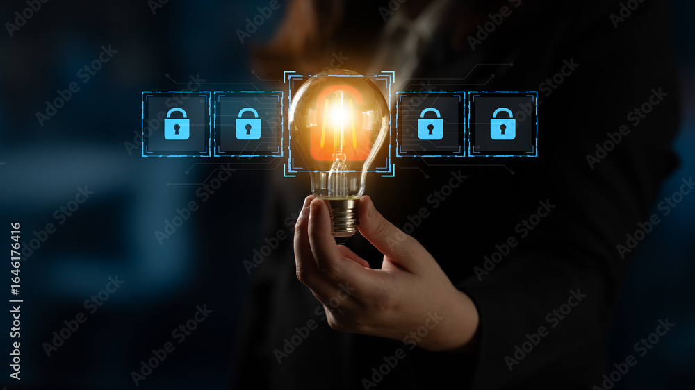 Poster digital security concept illustrating a cybersecurity breach, with a red unlocked padlock indicating