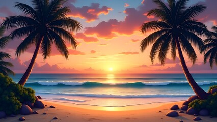 Obraz premium Stunning Tropical Beach Sunset with Palm Trees and Vibrant Sky - Serene Coastal Landscape for Relaxation and Vacation