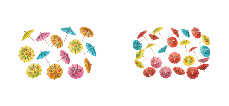 Colorful cocktail umbrellas beach party decorative items vibrant setting aerial summer vibes. Set cut out PNG