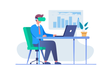 Person wearing vr headset working on laptop at desk with data visualization