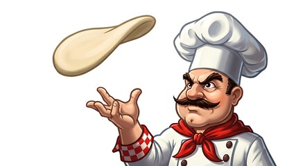 A cartoon chef with an intense competitive glare, tossing pizza dough high in the air, chef hat slightly crooked, white background, bold saturated colors
