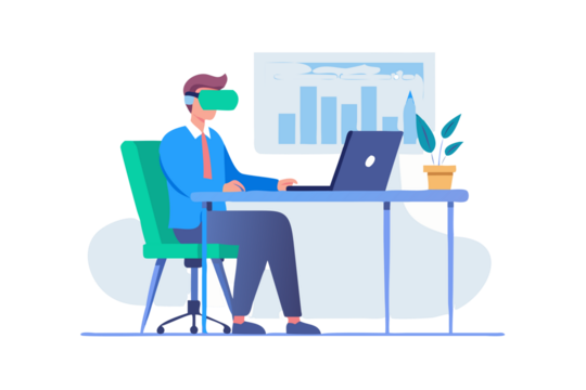 Person wearing vr headset working on laptop at desk with data visualization
