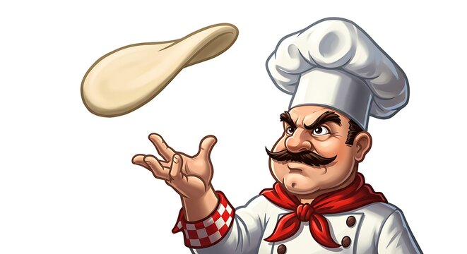 A cartoon chef with an intense competitive glare, tossing pizza dough high in the air, chef hat slightly crooked, white background, bold saturated colors