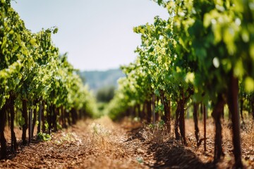 Fototapeta premium Vineyard rows in summer, blurred background