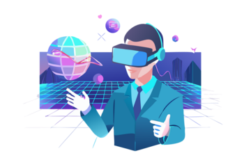 Man in virtual reality headset interacting with futuristic digital globe and grid