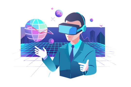 Man in virtual reality headset interacting with futuristic digital globe and grid