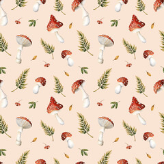 Fly agaric mushrooms fern. Autumn forest amanita Watercolor hand painted floral seamless pattern on pink background