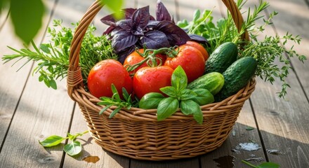 Wicker basket filled with fresh red tomatoes green cucumbers and herbs on wooden table image