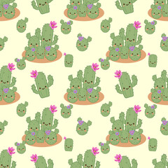 Cute and fun seamless vector pattern with cartoon cactus, perfect for kids designs, bedding sets, sleepwear and packaging designs.