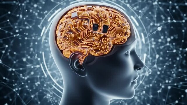 An artistic depiction showcases the human brain illuminated within a translucent head, symbolizing cognitive processes and intellect.