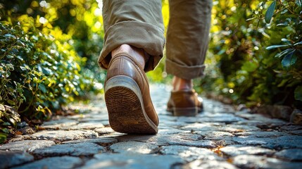 Elderly walking feet in weathered brown footwear traversing cobblestone walkway in peaceful outdoor garden setting