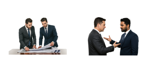 Business negotiation and collaboration between professionals office environment corporate setting communication dynamics. Set cut out PNG