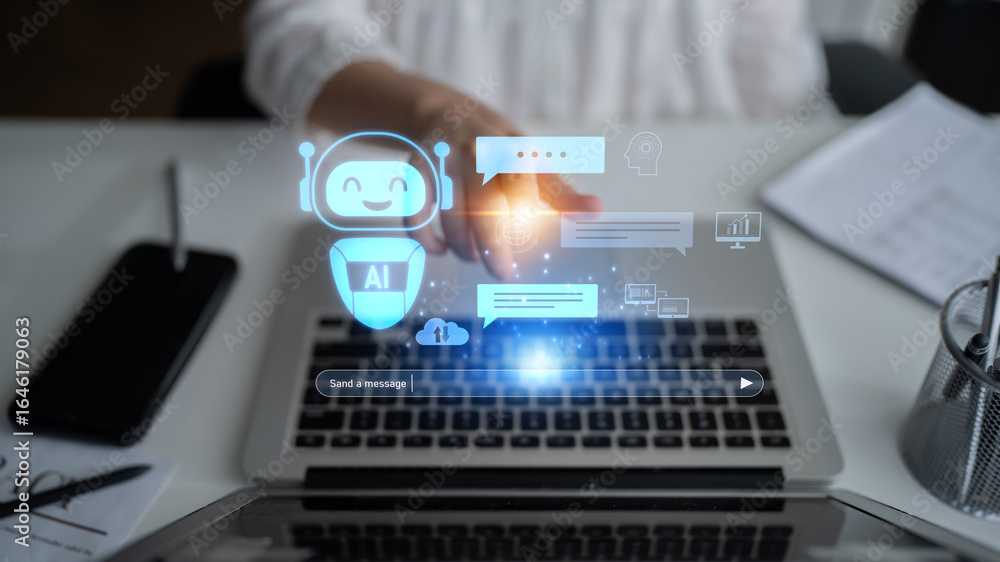 Poster ai chatbot improves virtual assistant interaction. ai chatbot processes text, supports users, ai cha