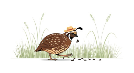 Fototapeta premium Stylish Quail Strutting Elegantly with its Little Hat on a White Background