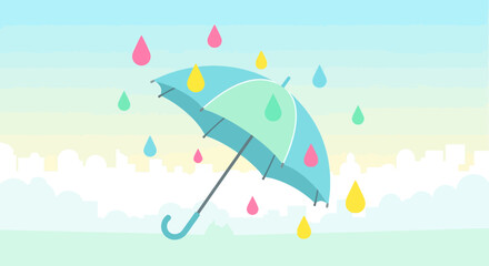 Stylish vector illustration featuring a turquoise umbrella sheltering from colorful raindrops on a bright day