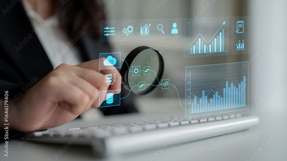 Poster data flow from database and cloud to processing and analytics dashboards, representing data analysis