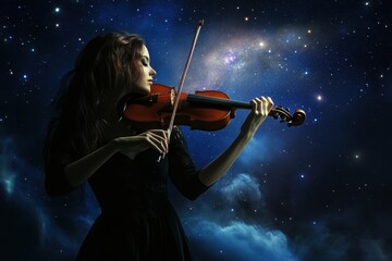 Fototapeta premium Woman playing violin against a starry night sky with cosmic elements in the background
