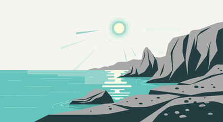 Vector illustration showcasing a sunny day on a rocky coastline with turquoise water