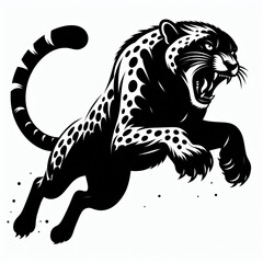 Obraz premium Ferocious black panther leaping with mouth open and claws extended