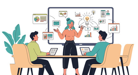 Team collaboration on a business project with a team leader and screen displaying graphs and diagrams