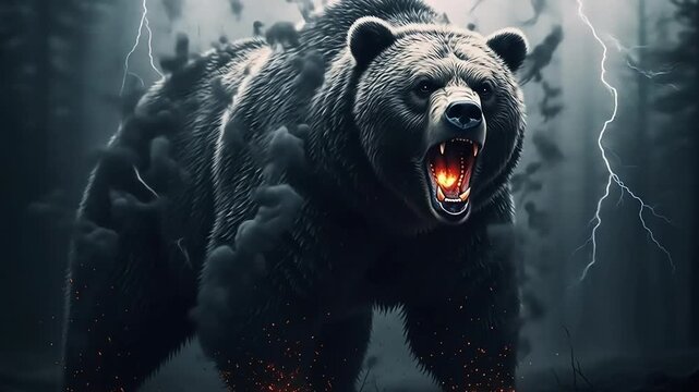 An intimidating grizzly bear roars ferociously, illuminated by flashes of lightning during a dramatic thunderstorm in a dark forest.