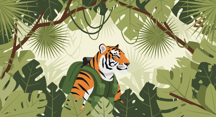 Tiger exploring the jungle with backpack illustration adventure themed vector illustration  adventure themed vector illustration