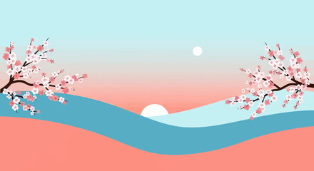 Tranquil Minimalist Landscape With Cherry Blossom Branches At Sunrise