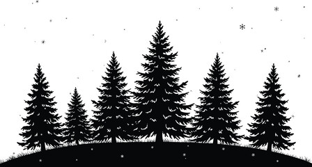 Pine tree silhouette vector, winter forest scene, evergreen trees with snowflakes, Christmas tree landscape, nature background illustration