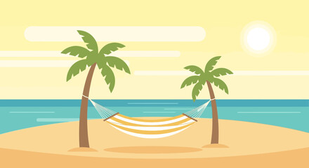 Obraz premium Tropical Beach Getaway with Hammock and Palm Trees for Relaxation and Vacation