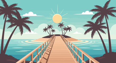 Obraz premium Tropical island escape vector illustration with wooden bridge to paradise