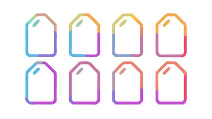 Eight colorful tag outlines arranged in two rows on a white background with rounded corners and reflections