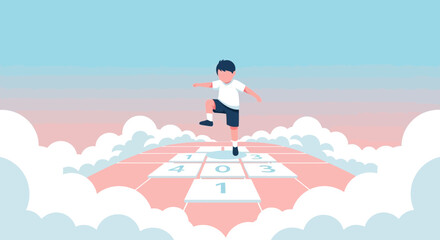 Whimsical Hopscotch Adventure in the Clouds: A Childhood Dreamscape Illustration