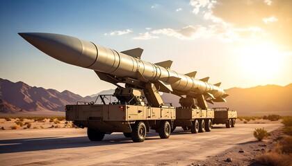 Missile on a large military truck in a desert landscape
