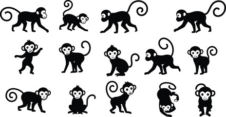 Monkey silhouette vector, playful monkeys illustration, animal clipart, wild primates, jungle wildlife, cute monkey icons, cartoon monkey design © Bappi Creatives