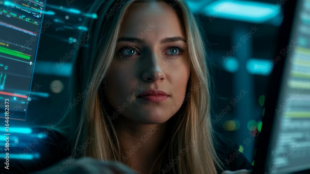 Poster a woman developer coding on a laptop in a data center, digital numbers and technology concept footag