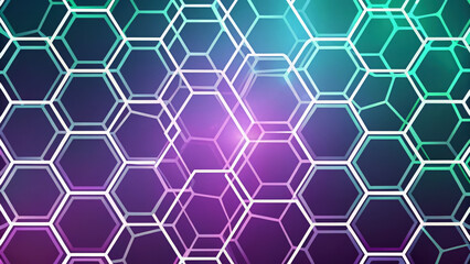 Abstract hexagonal grid with neon glow and gradient colors