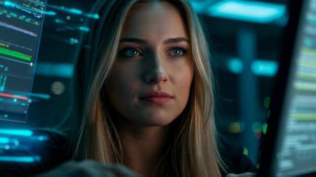 A woman developer coding on a laptop in a data center, digital numbers and technology concept footage. - Powered by Adobe