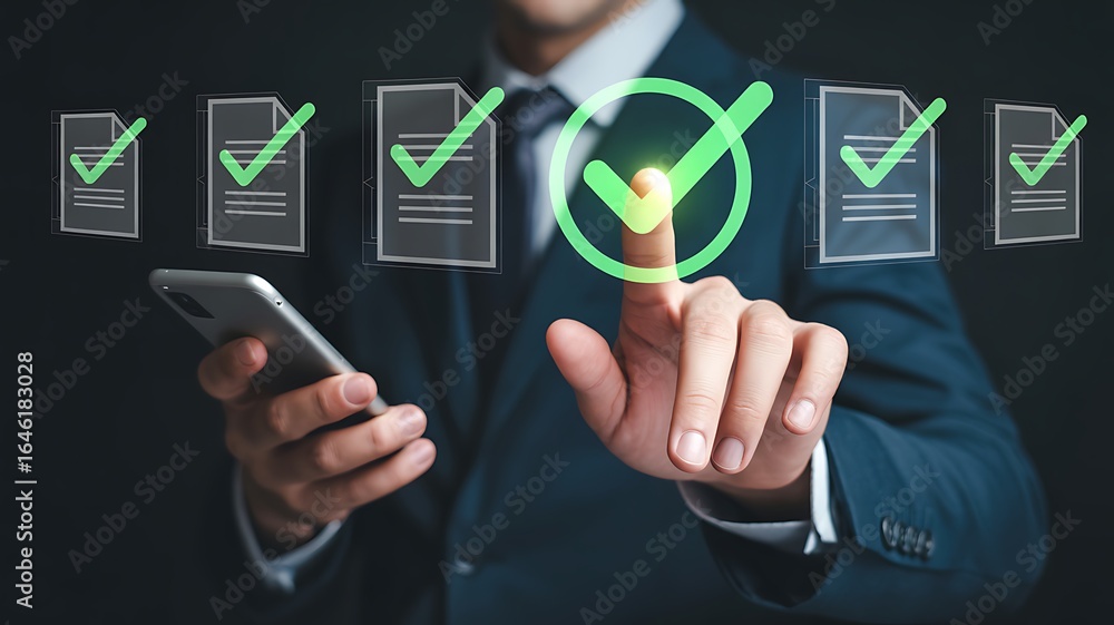 Poster man in suit interacting with digital checklist and checkmark icons on dark background hand