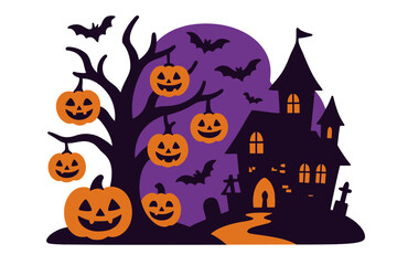 Fototapeta premium Cute and scary cartoon clipart for kids' party decor and holiday design featuring a spooky witch, tree, bat, and ghost scene in a haunted house Halloween illustration