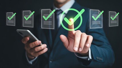 Man in suit interacting with digital checklist and checkmark icons on dark background hand