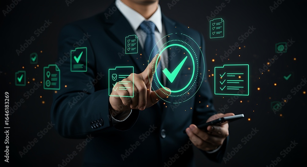 Poster person in suit using smartphone and interacting with digital checklist and checkmark icons