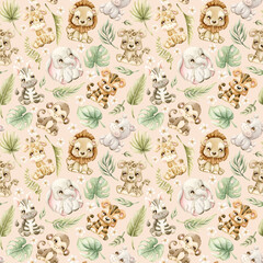 Cute Tropical Animals Exotic Leaves Watercolor hand painted summer pastel neutral seamless pattern on pink background