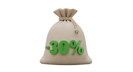 3D money bag with percentage printed on it isolated on white background