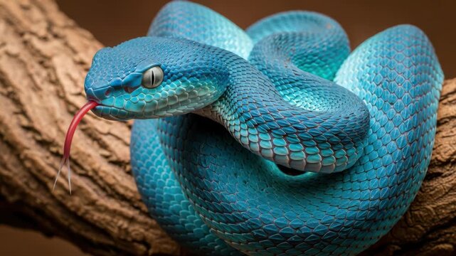 A striking blue viper snake coils its body around a textured tree branch, its forked red tongue flicking out as it surveys its surroundings