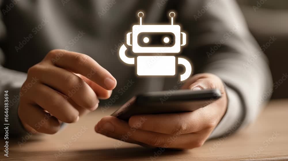 Poster smartphone interaction with chatbot icon enhancing user communication and productivity through innov