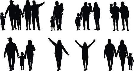 Family silhouettes, adults and children, diverse group poses, parenting concept, black vector illustration, minimal design, white background