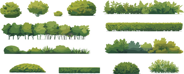 PrinRealistic green bush and hedge vector illustration, garden plant collection, landscape design elements, natural foliage clipart, outdoor decorative shrub graphicst