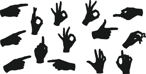 Hand gesture silhouettes, pointing, OK sign, middle finger, expressive poses, black on white, minimal vector set, communication symbols