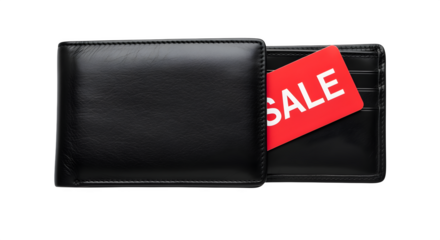 Black leather wallet with red sale card peeking out isolated on white background