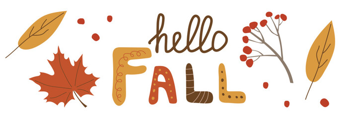 Cozy banner with yellow leaves and berries Hello Autumn. Vector flat illustration.